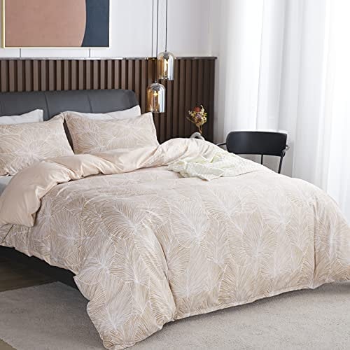 Parure de Lit Beige de Motif Feuilles Tropicales, 1 x Housse de Couette 240x260 cm 2 Personnes et 2 x Taies d'oreiller 65x65 cm, Sets de Linge Très Doux Literie Tropicale avec Fermeture Eclair