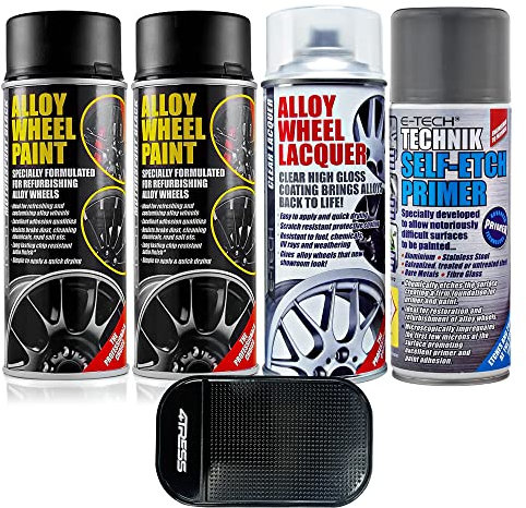 4TRESS E-Tech 2 x 400ml Motorsport Black Chip Resistant Alloy Wheel Spray Paint, 1 x Clear Lacquer Car Alloy Wheel Paint, 1 x 400ml Self Etch Grey Primer Non Slip Car Dash Mat