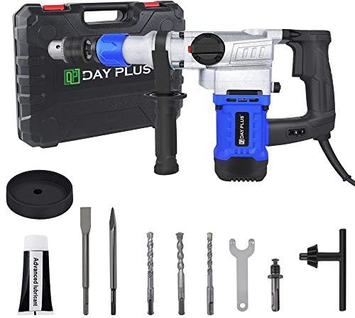 SDS+ Rotary Hammer Drill,1080W Power Electric Concrete Drill Breaker Chisels Kit Vibration Control & Safety Clutch 360°Rotating Handle Variable Speeds,0-800 r/min Drilling Chisels,Drill Bits with Case