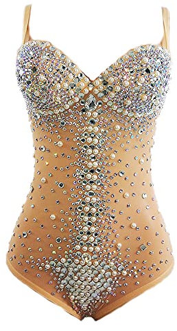 Justaucorps sexy en maille avec strass pour femme - Collants élastiques - Costume de danse - Body en cristal - Tenue de scène, nude, Large