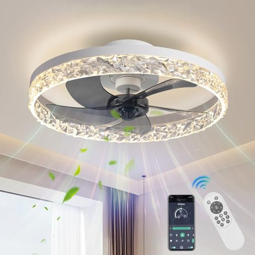 AHAWILL Crystal Ceiling Fans with Lights,19.7 Flush Mount Ceiling Fan with Remote,Low Profile,Reversible,Noiseless,Dimmable,White Fandelier Chandelier Ceiling Fan for Bedroom.