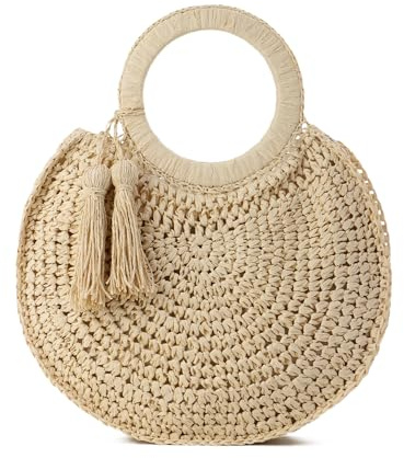 EVEOUT Damen Runde Stroh Handtasche Sommer Mode Gehäkelte Strandtasche mit Bamboo Handle Handgewebt Clutch Henkeltaschen