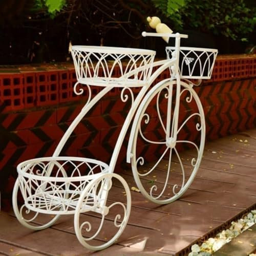 QDZC Wrought Iron Bicycle Home Garden Decor Iron Plant Stand,Plant Flower Pot Stand Flower Stand, 3 Tiered Small Bicycle Display Rack Stand Holds for Garden Patio White