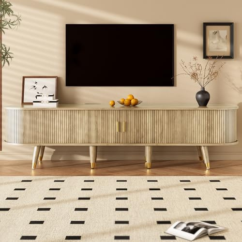 kozamas TV Lowboard 175 cm in Eiche Optik, Fernsehschrank mit Rattan Schiebetür und Stauraum, Landhausstil TV Möbel mit Offenen Fächern für Wohnzimmer