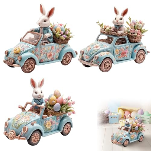 Osterhase Acryl, 21x17cm Große 2D Osterdekoration für Zuhause, Osterhase mit Auto Osterei und Osterkorb Design, Tischdeko Ostern für Garten & Fest Ostern Geschenke Frühlingsdeko (3PCS)