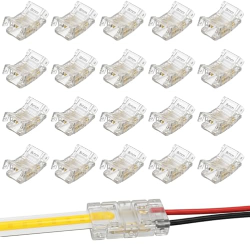 Stalora Lot de 20 Connecteurs LED 2 Broches 8mm, Connexion Facile Sans Soudure pour Ruban LED COB et SMD, Mini Connecteur Transparent pour Bande Lumineuse 12V 24V