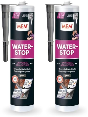 MEM Water Stop, Universalabdichtung und Feuchtigkeitssperre, Optimal geeignet für die Innen- und Außenanwendung, Lösemittel-, silikon- und bitumenfrei, Dichtet sofort, Grau, 290 ml Kartusche