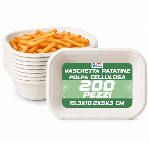 G.M. DISTRIBUZIONE 200 Vaschette per Patatine 15,3x10,2x5,3cm Bianchi in Polpa di Cellulosa, Compostabili e Biodegradabili, Adatti al Microonde, per Sushi Finger Food Aperitivo Catering