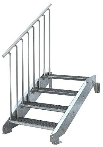 Außentreppe 4 Stufen 80 cm Laufbreite - einseitiges Geländer Links - Anstellhöhe 62 cm bis 84 cm - Gitterroststufe ST2 - feuerverzinkte Stahltreppe mit 800 mm Stufenlänge - montagefertiger Bausatz