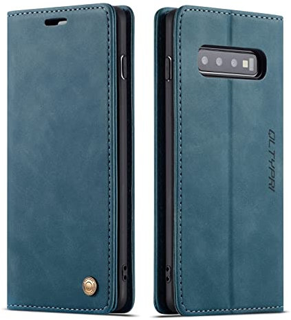 QLTYPRI Case for Samsung Galaxy S10 5G, Vintage PU Leather Wallet Case Card Slot Kickstand Magnetic Closure Shockproof Flip Folio Case Cover for Samsung Galaxy S10 5G - Blue