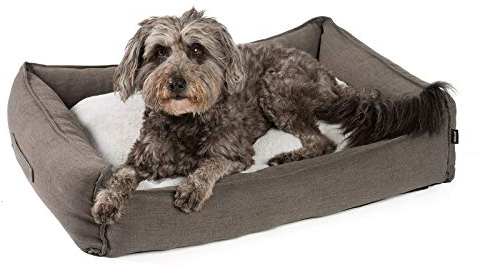 JAMAXX Premium Hundebett in edler Leinen-Optik/Orthopädisch Memory Visco Schaumstoff/Waschbar Bezug Abnehmbar, mit Wendekissen, Hochwertiger Hunde-Korb Hundekörbchen S-XL (90x70 (M), Grey)