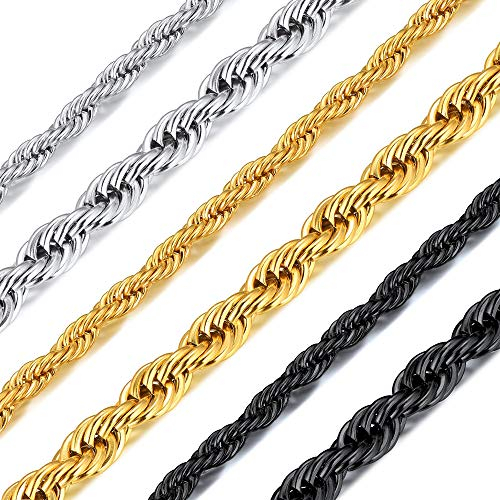 Richsteel Twist Chain Necklace For Men, 6MM Wide, 30Inch(76CM) Length, Gift For Girls, 18K Gold Plated Stainless Steel Rapper Chain Men Jewelry Twister Rope Necklace (Gift Packaging), RN20114K-6-30