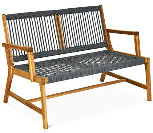 Tangkula Panchina per 2 persone in legno di acacia, panca da esterno in corda con finitura a olio di teak, per balcone, terrazza, veranda a bordo piscina, colore grigio