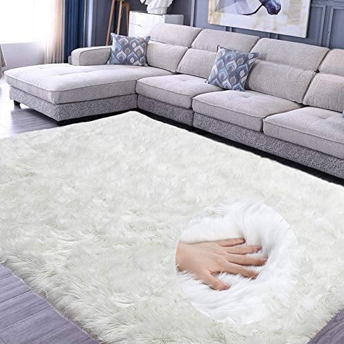 Junyito Teppich Wohnzimmer Hochflor Teppiche Kinderzimmer Flauschig rutschfest Faux Wolle für Schlafzimmer Mädchen Jungen (Weiß, 120 x 180cm)