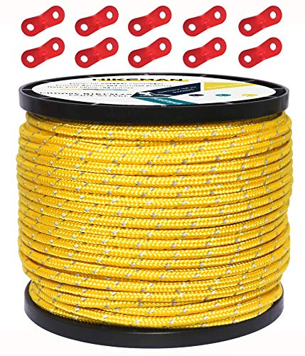 50M Reflective Cord Guy Ropes Outdoor Tent Guide Rope 100% Nylon Cord Wind Line with 10Pcs Aluminum alloy tensioners for Camping (yellow, Diameter 5 mm)