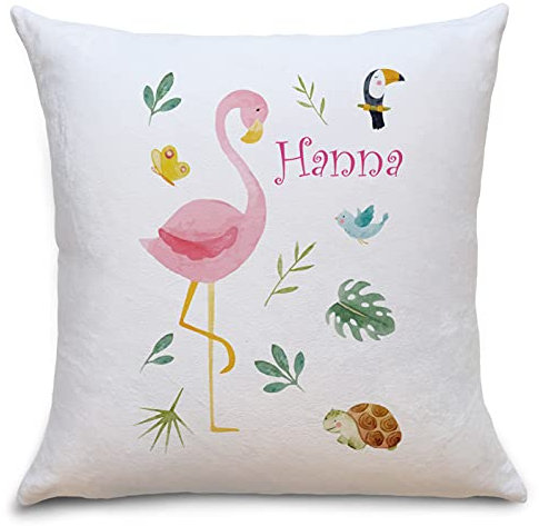 OWLBOOK Flamingo Safari Tiere Flauschige Kissenhülle mit Spruch Personalisiert mit Namen Geschenke Geschenkideen für Mädchen zum Geburtstag Geburt Baby Kind