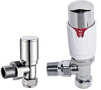 NRG Designer 15mm Chrome&White Angled TRV Thermostatic Radiator Valves Central Heating Tap and Manual Angled Valves