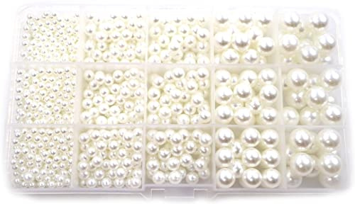 1300 Set Mix Dekoperlen Bastelperlen Kunststoffperlen Wachsperlen Perlen Weiss 4 6 8 10 12 mm (1300 Stück - 4,6,8,10,12mm, Mit Loch)