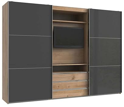 Froschkönig24 magicGlas Schwebetürenschrank Schiebetürenschrank mit TV-Element Plankeneiche/Grau, Höhe in cm:216 cm, Schließdämpfung:ohne Schließdämpfung