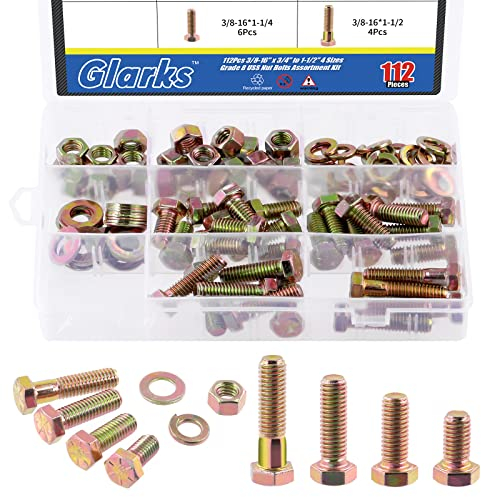 Glarks Assortiment de 112 rondelles de boulon d'écrou de grade 8 3/8-16, y compris 28 écrous hexagonaux, 28 rondelles plates, 28 rondelles de verrouillage et 28 boulons hexagonaux robustes