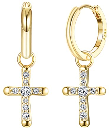 KRFY 925 Sterling Silber Kreuz Ohrringe für Damen Männer Zierliche CZ Huggie Hoop Ohrringe Iced Out Cross Dangle Ohrringe Lightweight Huggie Cuff Ohrringe 18K Gold/Silber