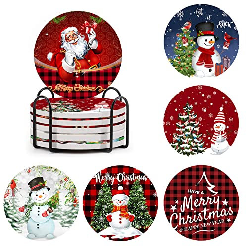 JYCRA Lot de 6 dessous de verre en céramique pour Noël, 10,2 cm avec support, dessous de verre antidérapant pour café, thé