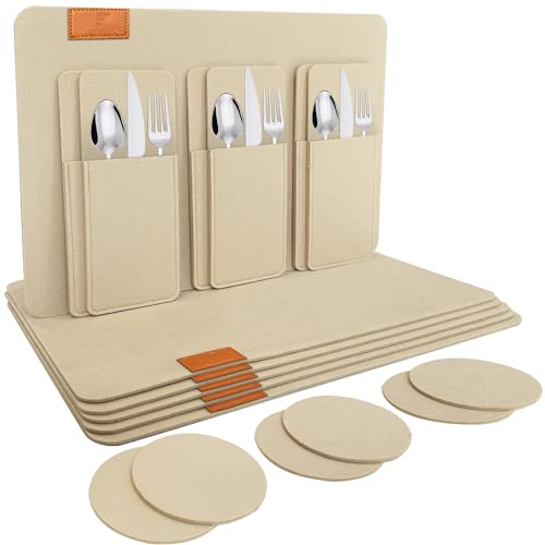 shinfly Tischsets Abwaschbar Platzsets aus Filz 18er Set, Abwischbar Tischsets, Hitzebeständig rutschfest Platzdeckchen mit Untersetzer, BestecksäCken für Küche, Speisetisch, 44x31cm 【Hellgelb】