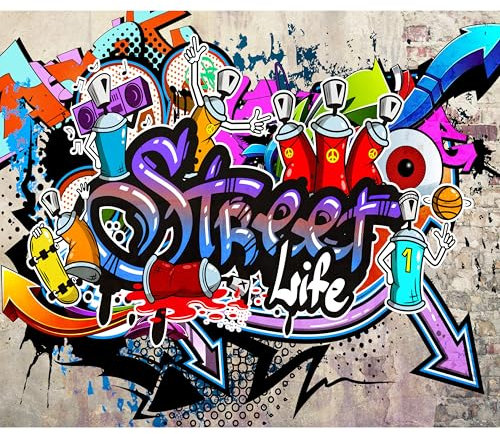 decomonkey - Papier Peint Panoramique Adhésif Graffiti 343x256 cm - Stickers Muraux Salon Chambre Déco XXL Autocollant Bureau - Gris rouge jaune - Fond mural urbain coloré graffiti artistique