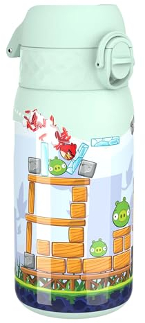 Ion8 Lightweight Steel Kids Water Bottle, 400ml/13oz, Non-Insulated, Leak Proof, Easy to Open, Secure Lock, Dishwasher Safe, Fits Cup Holders, Carry Handle, Metal Water Bottle, Blue, Angry Birds
