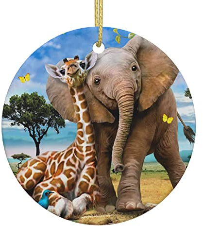 Elefant und Giraffe Weihnachtsbaum Keramik Hängende Weihnachtsschmuck Rund Anhänger Christbaumschmuck