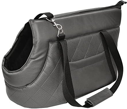 Transporttasche für Hunde und Katzen | Schultertasche für Haustiere mit Gummiband mit Karabiner | bis 10 kg | Material: Kunstleder | Größe: M | Farbe: Grau Metallic