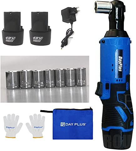 AUTOFU Schnurloses Ratschenset/Akku-Ratsche/Elektrischer Ratschenschlüssel Kit 3/8'' Ratsche Rechtwinkliger Schraubenschlüssel, 12V Power Ratschen Werkzeugsatz mit 2x Akku, Ladegerät und 7 Steckdosen
