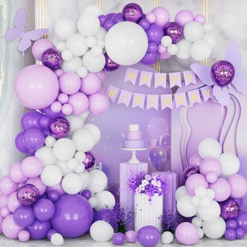 Palloncini Compleanno Viola, 141 Pz Kit Ghirlanda Palloncini Lilla e Bianco con Compleanno Banner Metallico Viola Palloncino Lavanda Decorazioni per Ragazze Donne