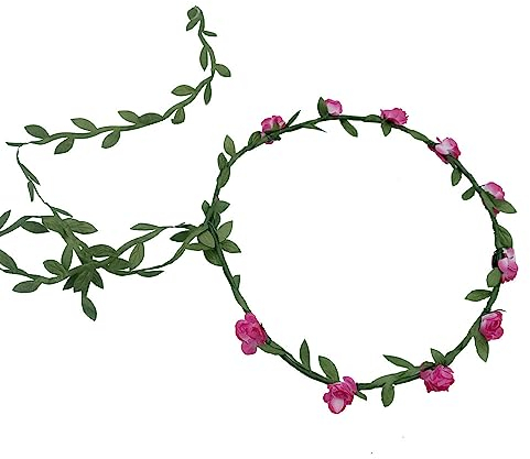 Damen Blumenkranz Blume Krone Stirnband Haarschmuck Blumenstirnband Boho Blumen Haarband Braut Blume Haarreif Stirnband mit Blättern,für Hochzeit Party Festival Geburtstag,Helles Rosenrot