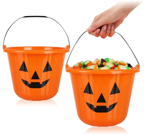 com-four® 2X Halloween Kürbis Candy Bag Eimer XL - Kunststoff-Eimer im Kürbis-Design zum Sammeln von Süßigkeiten - Sammel-Tasche mit Henkel für Halloween