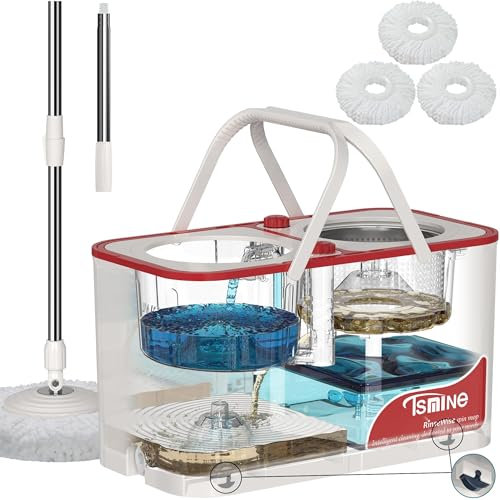 RinseWise Mop Bucket Separate Dirty Water, Spin Mop Bucket System, 4-Chamber Mop and Bucket with Wringer Set Cleaning Supplies with 3 Microfiber Replacement Head Refill - White