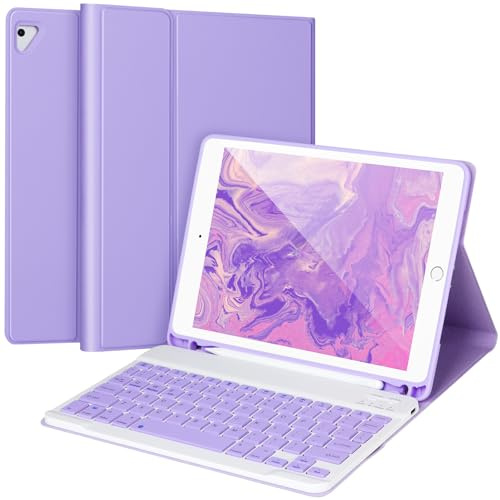APHBZGE for iPad 6/5th Generation Case with Keyboard 2018/2017,Detachable Bluetooth Keyboard case for iPad Air 2/1,iPad Keyboard Case 9.7 inch with Pencil Holder,Square Keycaps,Purple