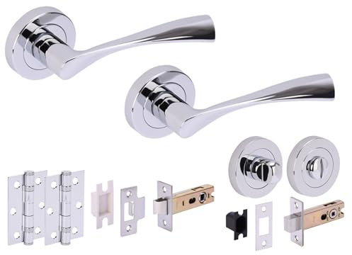 HANDLEZONE® Zena Door Handles on Rose Bathroom Deadbolt Pack with Ball Bearing Hinges - Polished Chrome