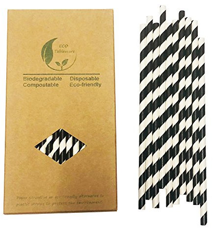 Black White Paper Straws, Disposable Black Cocktail Drinking Straws Biodegradable Black Striped Paper Straw for Cake Pop Halloween Party Decoration (7.75inch, 100 Pack)