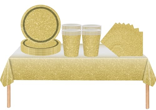 53Pcs Gold Party Tableware Decorations for Boys Girls Party Decor,Soild Shinny Golden Birthday Party Table Cloth, Paper Plates 7inch Cups Napkins for Kids Birthday Party Favor