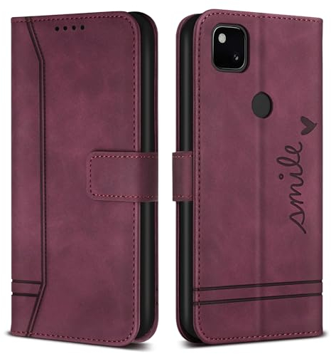 Bravoday Hülle für Google Pixel 4A 4G / Google Pixel 4A 4G, PU Ledertasche Handyhülle mit Kartenfäch & Kickstand, Flip Schutzhülle Kompatibel mit Google Pixel 4A 4G / Google Pixel 4A 4G, Weinrot