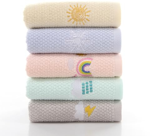CavspkArt 5 Pcs Cute Children's Facial Towel, Soft Kids Face Towels 100% Cotton, Multicolor Kids Washcloth Towels, Baby Face Washer Hand Towels Cute Sun Rainbow Cloud Patterns 25 x 50 CM