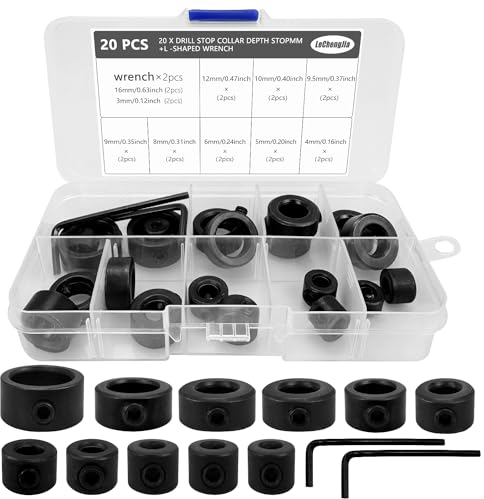 20 Pcs Drill Bit Depth Stop Collar Ring Positioner Locator 10 Specifications Woodworking Drill Bit Set Limit Ring Black with Hex Wrench for Drill Drilling(3/4/5/6/8/9/9.5/10/12/16 mm)