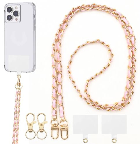 BORISCA Chaine Telephone Portable, Chaine de Telephone avec 2 Patchs de Rechange + 2 Fermoirs de Remplacement Laniere Telephone Cuir Pu Cordon TéLéphone Universel pour Les Smartphones (Rose)