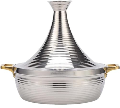 SHAIRMB Moroccan Tagine, Cooking Pot, Stainless Steel Non Stick Moroccan Casserole with 2 Handles, Large Moroccan Cooker, Handmade Tagine Pot with Cone-Shaped Lid,Silver,32cm