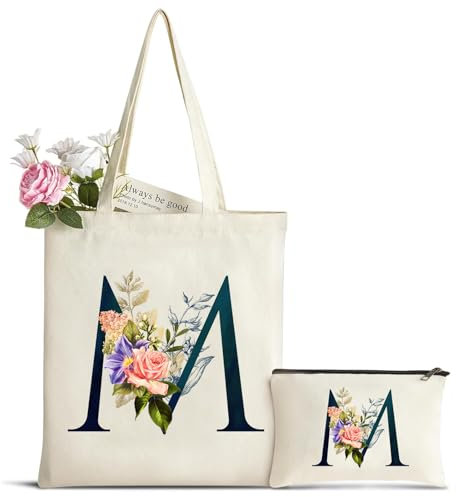 Personalizadas Inicial Bolsa de Lona, Bolso Tote de Mujer con Inicial y Flores, Bolsa de Compras con Bolso de Cosméticos, Regalos para Damas Amigas Mamá, Regalo de Cumpleaños Boda Navidad M