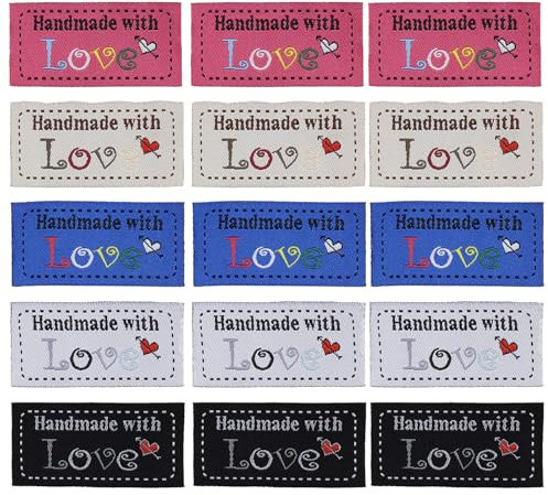 Create idea 50 Stück Stoffetiketten für Kleidung, Handmade with Love, Nähetikett, Nähen, Dekoration, Etikett, DIY, Handwerk, Geschenk-Etikett, 50 x 24 mm, Rosa, Blau, Beige, Schwarz, Weiß