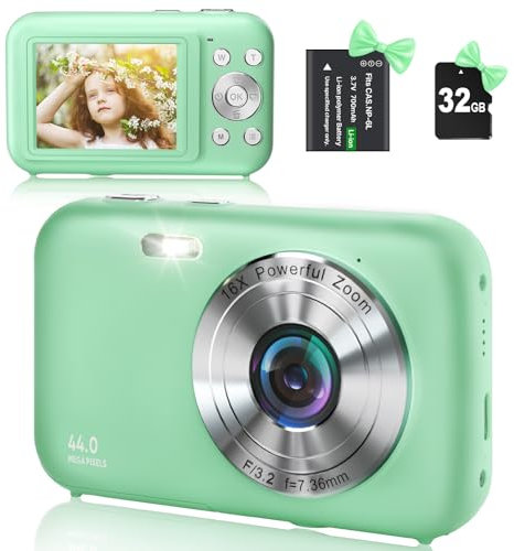 Digitalkamera Fotokamera mit 32GB SD-Karte, HD 1080P 44MP, Kamera Fotokamera Fotoapparat, LCD Wiederaufladbare Digital Kamera mit 16X Digitalzoom digicam für Kinder, Erwachsene(Grün)