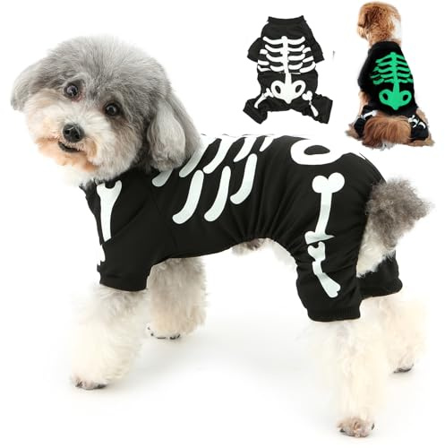 Zunea Leuchtende Skelett-Hunde-Halloween-Kostüm für kleine Hunde, Schwarz | Skull Bones Jumpsuit 4 Beine Glow in the Dark Lustig Cosplay Dress Up Festliche Veranstaltungen Party Foto Puppy Chihuahua