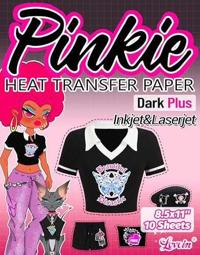 Lovein-Pinkie Heat Transfer Paper for Laser & Inkjet Printer (10 Sheets 8.5x11, Dark Plus) Printable Iron on Transfer Paper for Dark Fabric, Printable Heat Transfer Vinyl for T Shirts